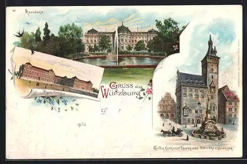 Künstler-AK Würzburg, Residenz mit Fontäne, Rückansicht, Rathaus