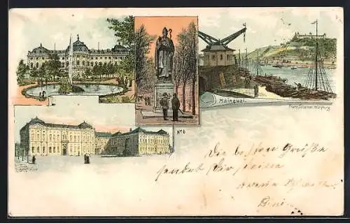 Lithographie Würzburg, Schlosspartie, Mainquai und Denkmal