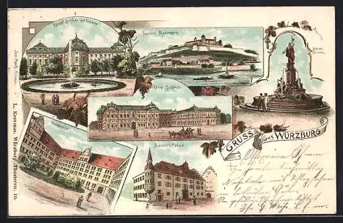 Lithographie Würzburg, Königl. Schloss, Bischöfl. Palais, Universität