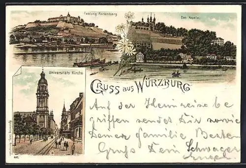 Lithographie Würzburg, Universitäts Kirche, Käpelle, Festung Marienberg