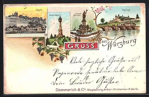 Lithographie Würzburg, Käpple, Franken-Warte, Luitpold-Brunnen