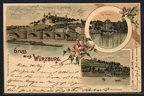 Lithographie Würzburg, Festung mit der alten Brücke, Kgl. Schloss, Käpple