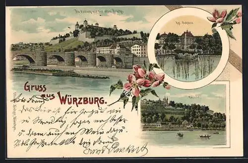 Lithographie Würzburg, Festung mit der alten Brücke, Kgl. Schloss, Käpple