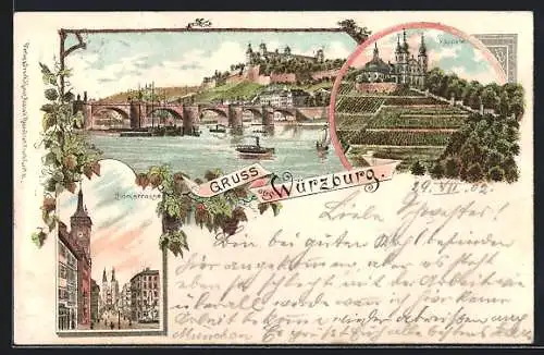 Lithographie Würzburg, Domstrasse, Kapelle, Flusspartie mit Brücke und Schloss