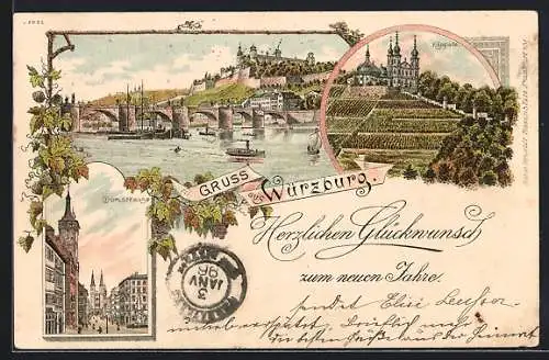 Lithographie Würzburg, Domstrasse, Käppele, Panorama