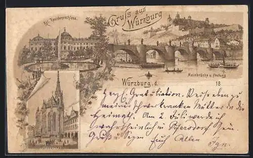 Lithographie Würzburg, Kgl. Residenzschloss, Marienkirche, Mainbrücke und Festung