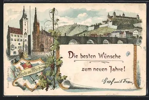 Lithographie Würzburg, Eckhardt-Turm, Marienkirche, Neujahrsgruss