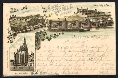 Lithographie Würzburg, Mainbrücke und Festung, Das Käppele, Marienkirche