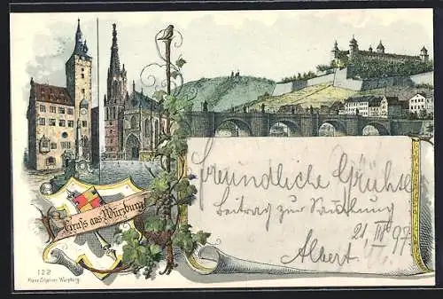 Lithographie Würzburg, Marienkirche, Eckhardtturm, Mainbrücke und Festung