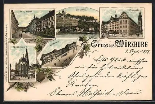 Lithographie Würzburg, Blick auf Julius-Hospital, Käppele und Marienkirche