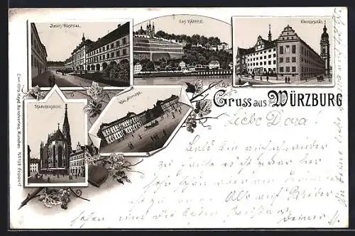 Lithographie Würzburg, Blick auf Julius-Hospital, Käppele und Marienkirche