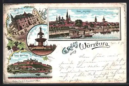 Lithographie Würzburg, Bischöfliches Palais, Kilian-Brunnen, Festung Marienberg