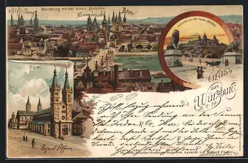 Lithographie Würzburg, Stadtpanorama mit der alten Mainbrücke, am Dom, Neue Brücke am Dom