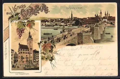 Lithographie Würzburg, Graf Eckhardtthurm, Blick über die Alte Brücke zur Stadt