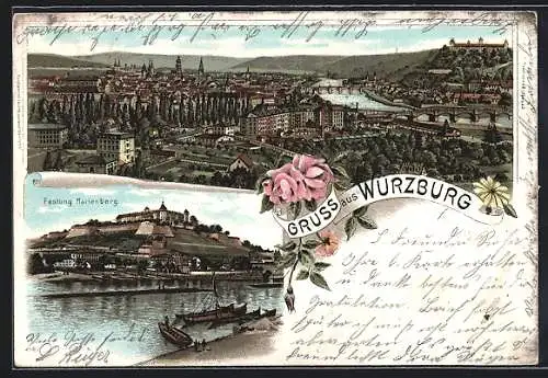 Lithographie Würzburg, Festung Marienberg, Totalansicht aus der Vogelschau