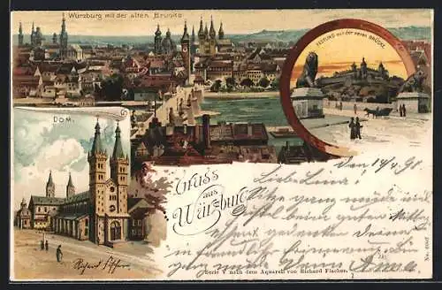 Lithographie Würzburg, Stadtpanorama mit der alten Mainbrücke, am Dom, Neue Brücke am Dom