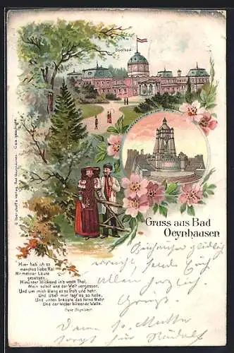 Lithographie Bad Oeynhausen, Kaiserdenkmal a. d. Porta, Soolbad