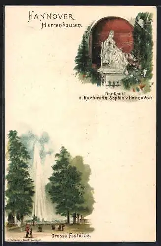 Lithographie Hannover, Denkmal der Kurfürstin Sophie v. Hannover, Grosse Fontaine