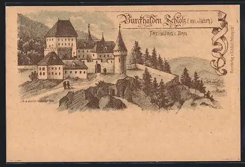 Lithographie Freiburg / Breisgau, Schloss Burckhalden