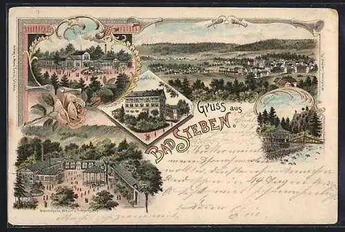 Lithographie Bad Steben, Kurhaus, Parkhotel, Wandelhalle, Wiesen und Tempelquelle