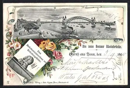 Passepartout-Lithographie Bonn, Neue Rheinbrücke, Brückenmännchen am Brückenpfeiler, Blumen