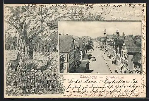 Lithographie Göppingen, Hauptstrasse mit Passanten, Hirsch und Reh am Baum, Passepartout