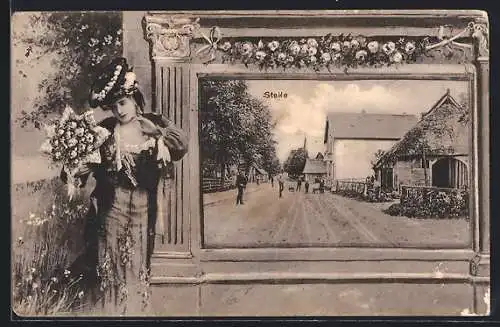 AK Stelle / L., Strassenpartie mit Anwohnern, Dame mit Hut und Blumenstrauss