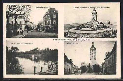 AK Sangerhausen, Bahnhofstrasse, Kaiser Wilhelm-Denkmal am Kyffhäuser, Jacobikirche