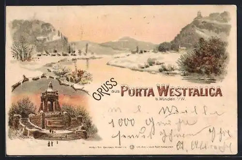 Winter-Lithographie Porta Westfalica, Ortsansicht, Denkmal