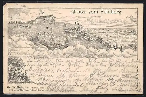 Lithographie Gr. Feldberg im Taunus, Panorama mit Hotel