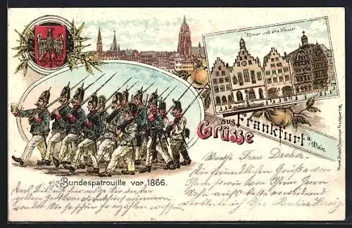 Lithographie Frankfurt, Bundespatrouille vor 1866, Römer und alte Häuser, Wappen