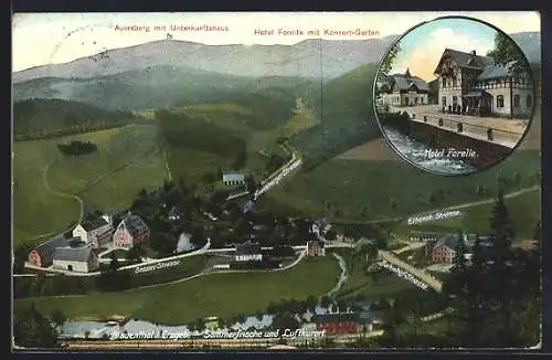 AK Blauenthal i. Erzgeb., Generalansicht mit Blick zum Auersberg mit dem Unterkunftshaus, das Hotel Forelle