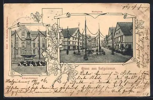 AK Hofgeismar, Marktplatz mit Geschäft und Brunnen, Kriegerdenkmal