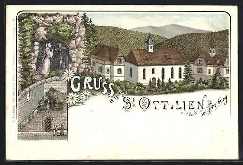 Lithographie St. Ottilien bei Freiburg, Ortspartie mit Kirche, Grotte