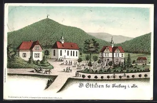 Künstler-AK St. Ottilien bei Freiburg, Gasthaus und Kirche