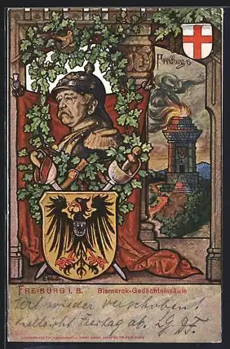AK Freiburg / Breisgau, Bismarck-Gedächtnissäule, Bismarck-Portrait mit Pickelhaube, Wappen um 1900