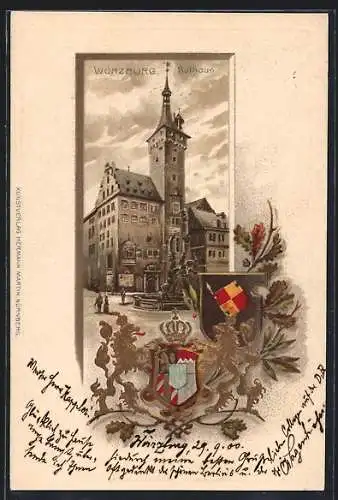 Passepartout-Lithographie Würzburg, Rathaus, Wappen