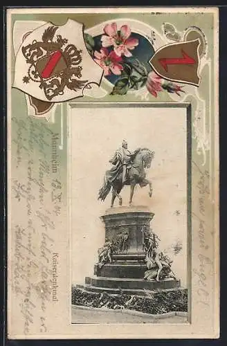 Passepartout-Lithographie Mannheim, Kaiserdenkmal, Wappen und Rosen