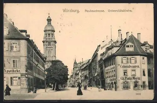 AK Würzburg, Neubaustrasse mit Geschäften, Apotheke und Universitätskirche