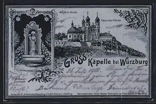 Metallfolie-AK Würzburg, Käpelle, Wallfahrtskirche, Kapuzinerkloster, St. Antonius-Brunnen