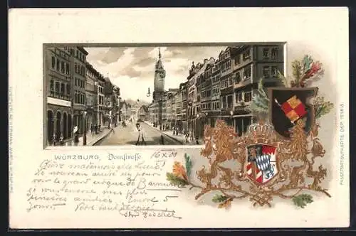 Passepartout-Lithographie Würzburg, Blick in die Domstrasse, geprägtes Wappen