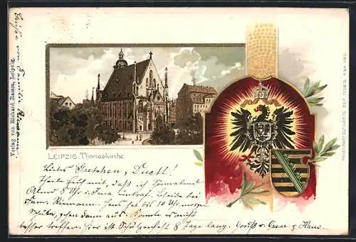 Passepartout-Lithographie Leipzig, Thomaskirche, Wappen und Blätter