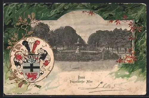 Passepartout-Lithographie Bonn, Partie an der Poppeldorfer Allee, Wappen