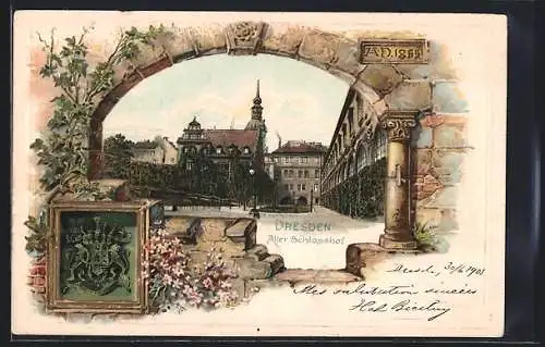 Passepartout-Lithographie Dresden, Partie im alten Schlosshof, Ortswappen