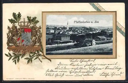 Passepartout-Lithographie Pfaffenhofen a. Ilm, Teilansicht mit Bahnhof, Wappen mit Eichenzweig