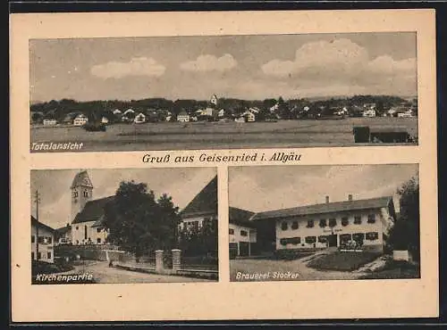 AK Geisenried / Allgäu, Brauerei Stocker, Panorama und Kirche