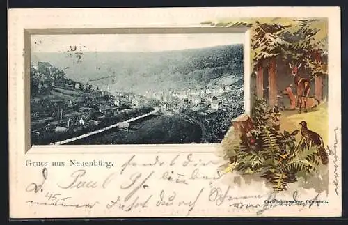 Passepartout-Lithographie Neuenbürg / Württ., Ortsansicht, Waldlichtung mit Rehen