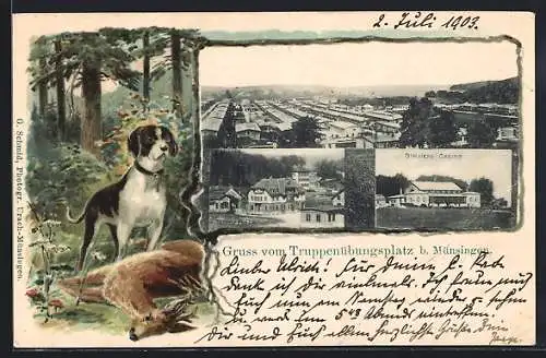Passepartout-Lithographie Münsingen, Truppenübungsplatz, Offiziers-Casino, Jagdhund