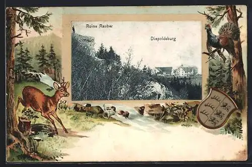 Passepartout-Lithographie Diepoldsburg, Ruine Rauber, Wappen, Reh