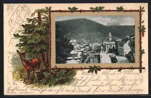 Passepartout-Lithographie Wildbad / Schwarzwald, Ortsansicht, Reh im Wald